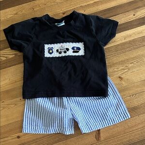 Black Police Patch Tee & Blue Stripe Shorts Kids Matching Set